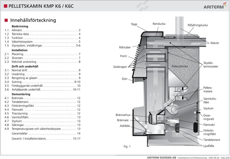 ........................ 8 Drift och underhåll 3.1 Normal drift.............................. 9 3.2 Uraskning................................ 9 3.3 Rengöring av glasen........................ 9 3.4 Sotning.