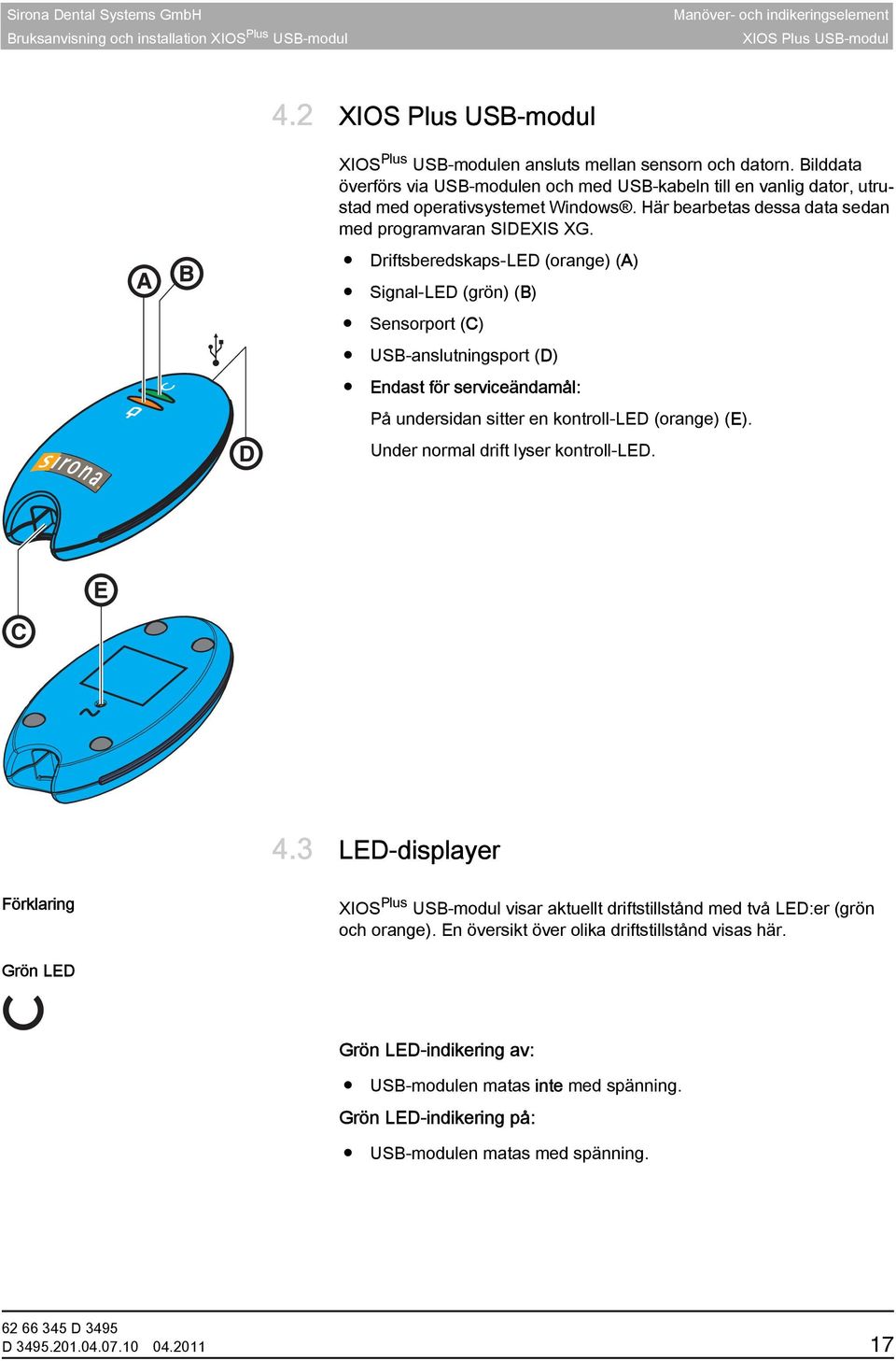 Driftsberedskaps-LED (orange) (A) Signal-LED (grön) (B) Sensorport (C) USB-anslutningsport (D) Endast för serviceändamål: På undersidan sitter en kontroll-led (orange) (E).