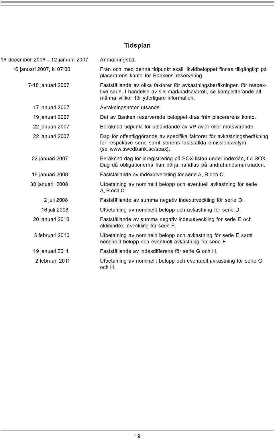 17 januari 2007 Avräkningsnotor utsänds. 19 januari 2007 Det av Banken reserverade beloppet dras från placerarens konto. 22 januari 2007 Beräknad tidpunkt för utsändande av VP-avier eller motsvarande.