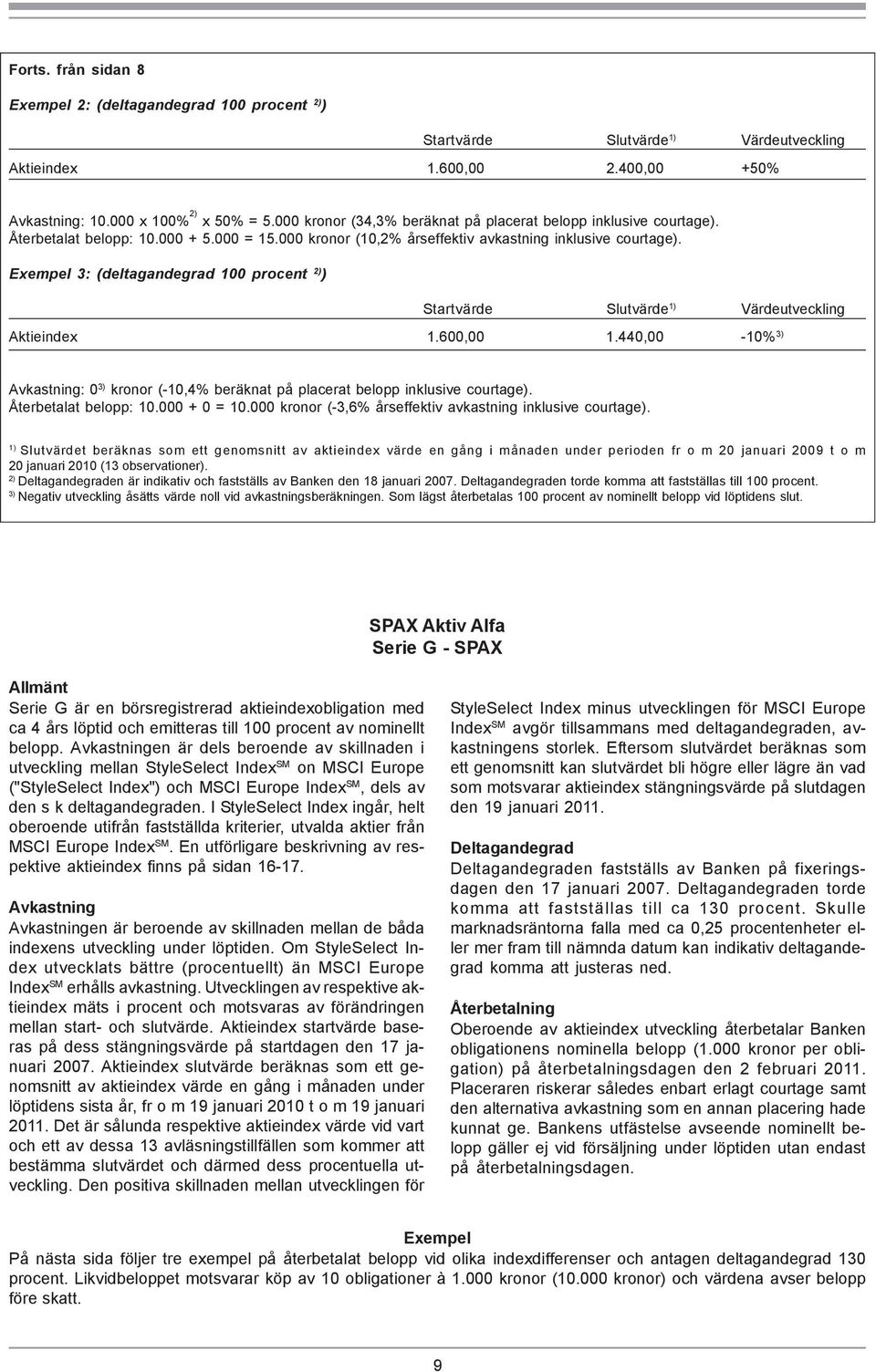 Exempel 3: (deltagandegrad 100 procent 2) ) Startvärde Slutvärde 1) Värdeutveckling Aktieindex 1.600,00 1.440,00-10% 3) Avkastning: 0 3) kronor (-10,4% beräknat på placerat belopp inklusive courtage).
