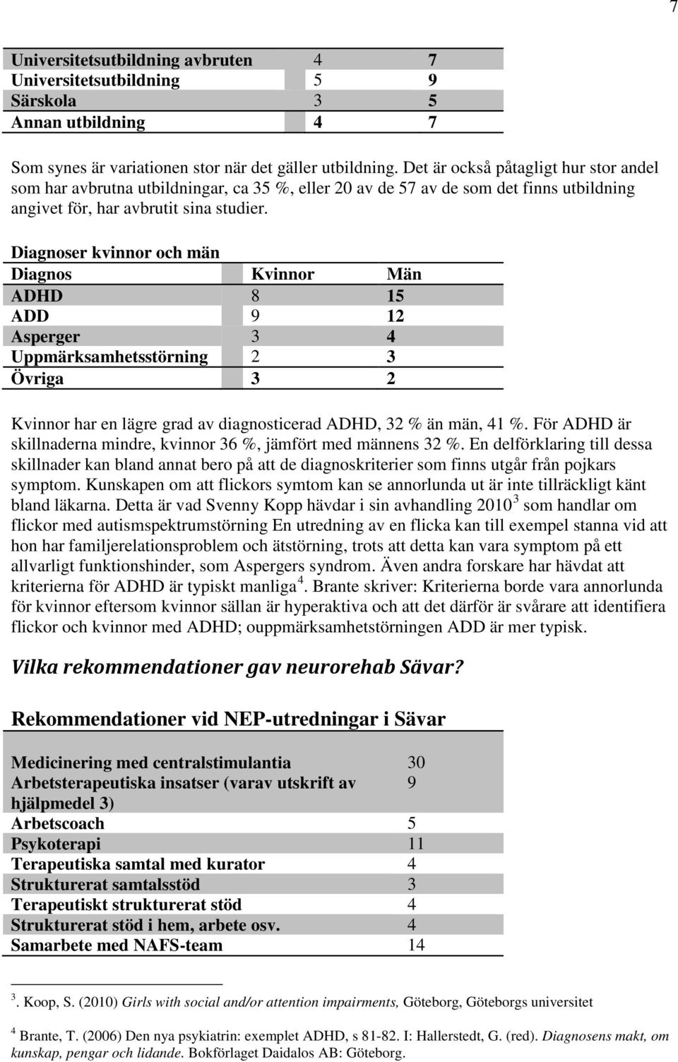 Diagnoser kvinnor och män Diagnos Kvinnor Män ADHD 8 15 ADD 9 12 Asperger 3 4 Uppmärksamhetsstörning 2 3 Övriga 3 2 Kvinnor har en lägre grad av diagnosticerad ADHD, 32 % än män, 41 %.