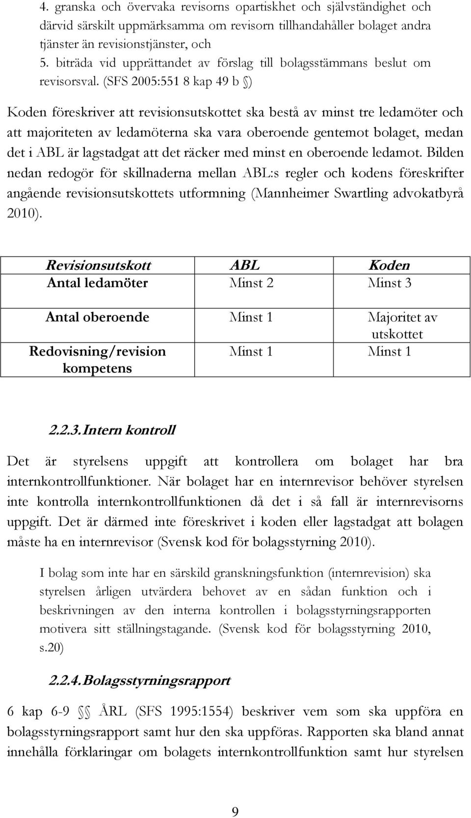 (SFS 2005:551 8 kap 49 b ) Koden föreskriver att revisionsutskottet ska bestå av minst tre ledamöter och att majoriteten av ledamöterna ska vara oberoende gentemot bolaget, medan det i ABL är