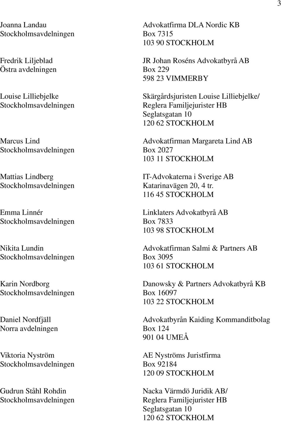 STOCKHOLM Advokatfirman Margareta Lind AB Box 2027 103 11 STOCKHOLM IT-Advokaterna i Sverige AB Katarinavägen 20, 4 tr.