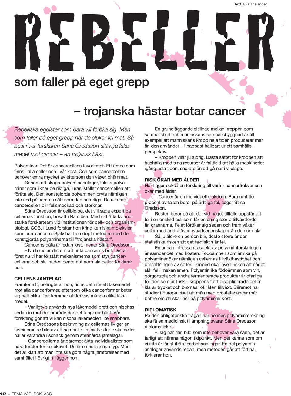 Och som cancercellen behöver extra mycket av eftersom den växer ohämmat. Genom att skapa polyaminanaloger, falska polyaminer som liknar de riktiga, luras istället cancercellen att föräta sig.