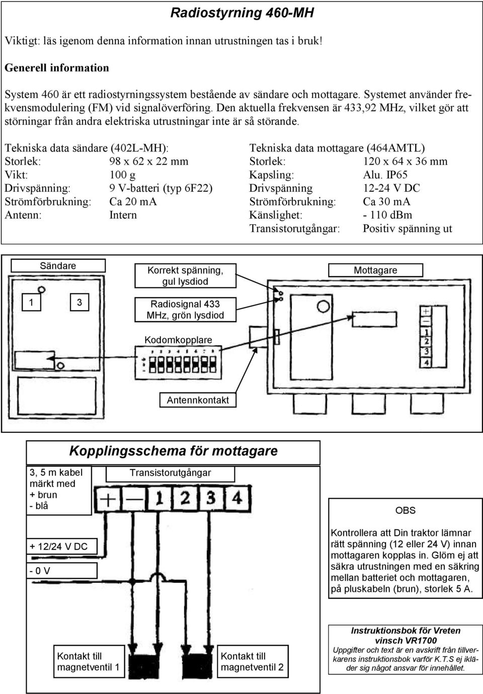 Tekniska data sändare (402L-MH): Tekniska data mottagare (464AMTL) Storlek: 98 x 62 x 22 mm Storlek: 120 x 64 x 36 mm Vikt: 100 g Kapsling: Alu.