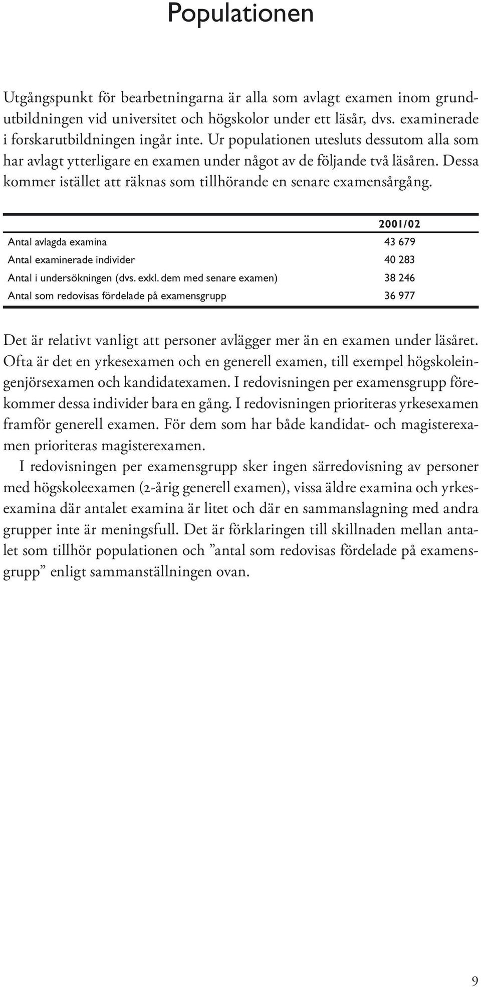 2001/02 Antal avlagda examina 43 679 Antal examinerade individer 40 283 Antal i undersökningen (dvs. exkl.