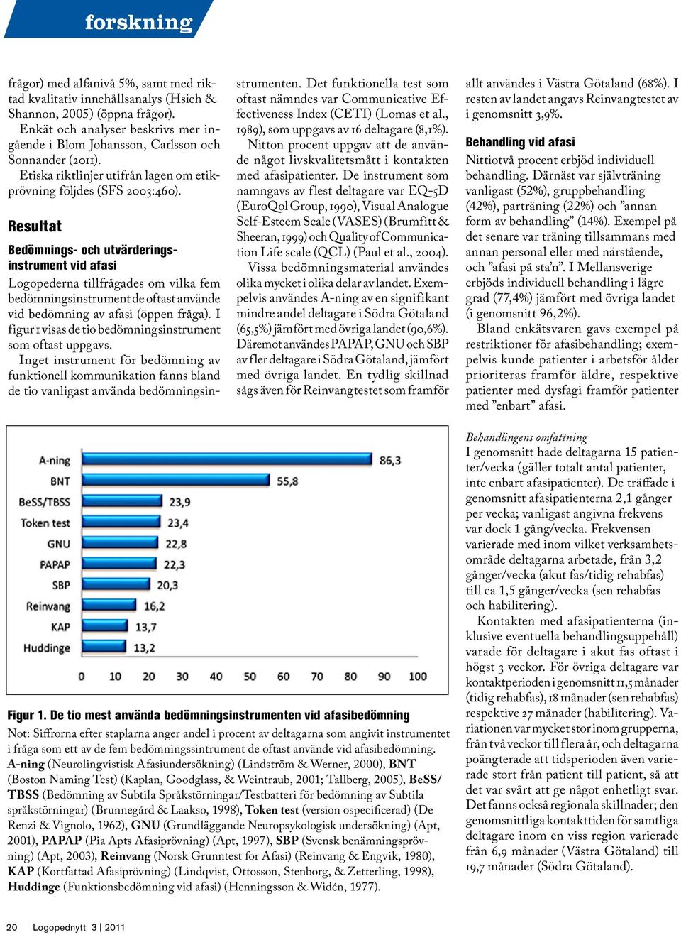 Resultat Bedömnings- och utvärderingsinstrument vid afasi Logopederna tillfrågades om vilka fem bedömningsinstrument de oftast använde vid bedömning av afasi (öppen fråga).