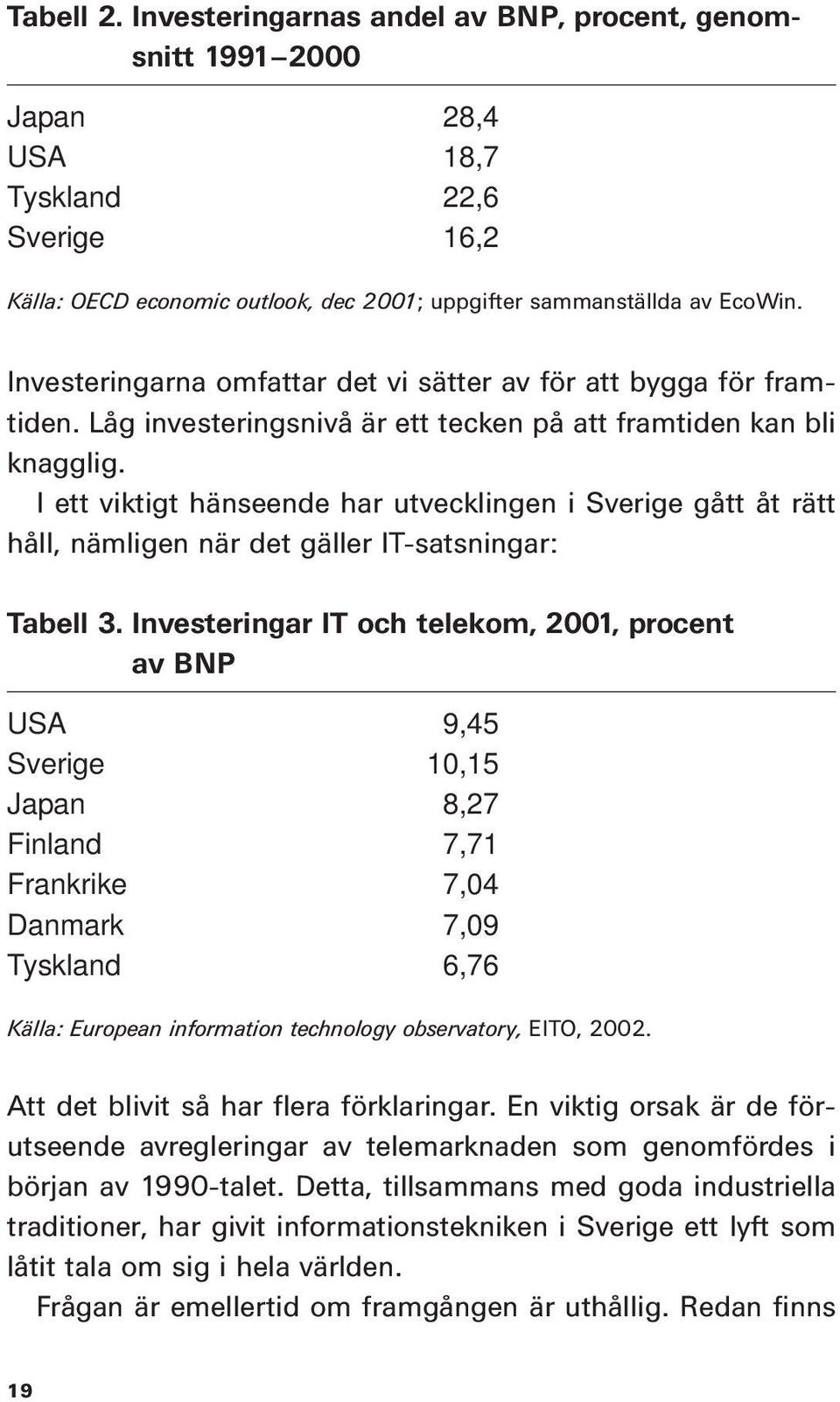 I ett viktigt hänseende har utvecklingen i Sverige gått åt rätt håll, nämligen när det gäller IT-satsningar: Tabell 3.