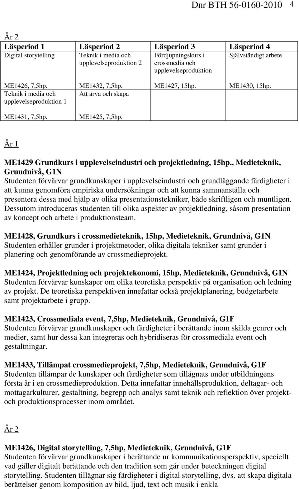 År 1 ME1429 Grundkurs i upplevelseindustri och projektledning, 15hp.