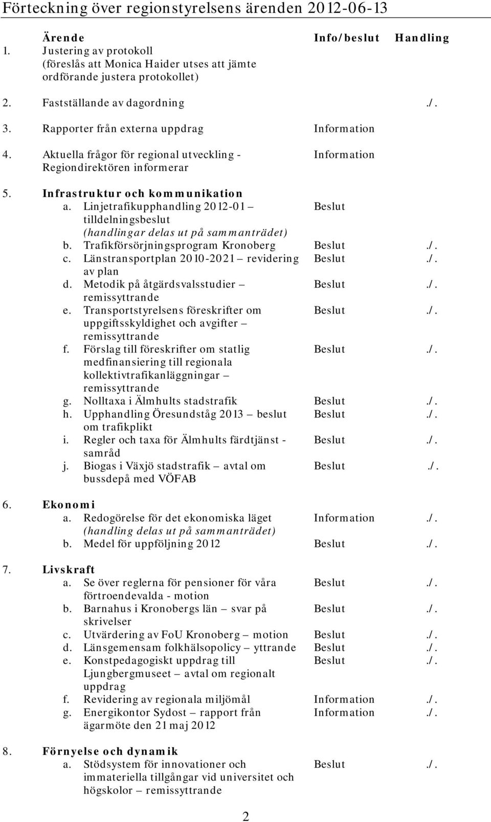 Linjetrafikupphandling 2012-01 Beslut tilldelningsbeslut (handlingar delas ut på sammanträdet) b. Trafikförsörjningsprogram Kronoberg Beslut./. c. Länstransportplan 2010-2021 revidering Beslut./. av plan d.