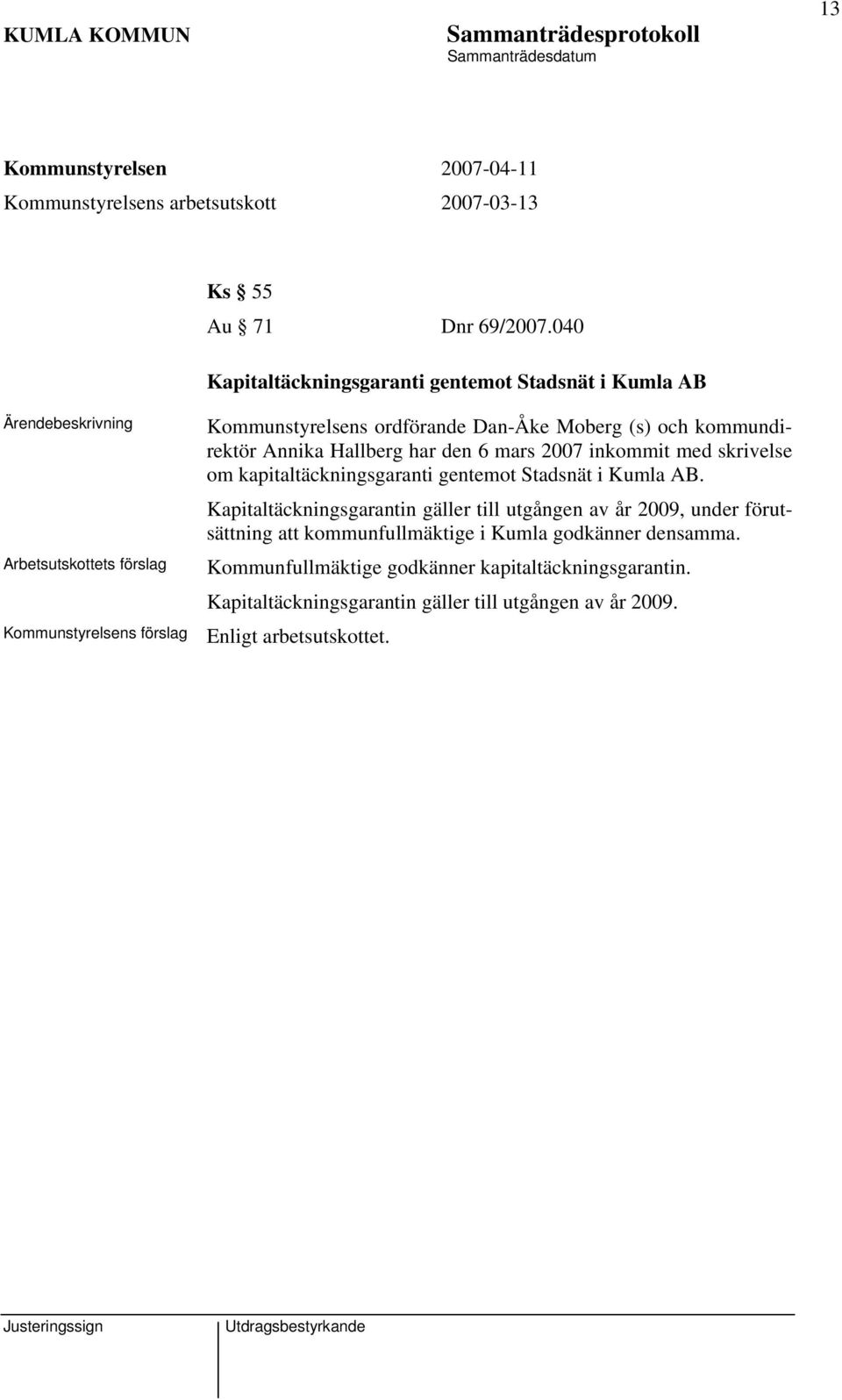 den 6 mars 2007 inkommit med skrivelse om kapitaltäckningsgaranti gentemot Stadsnät i Kumla AB.