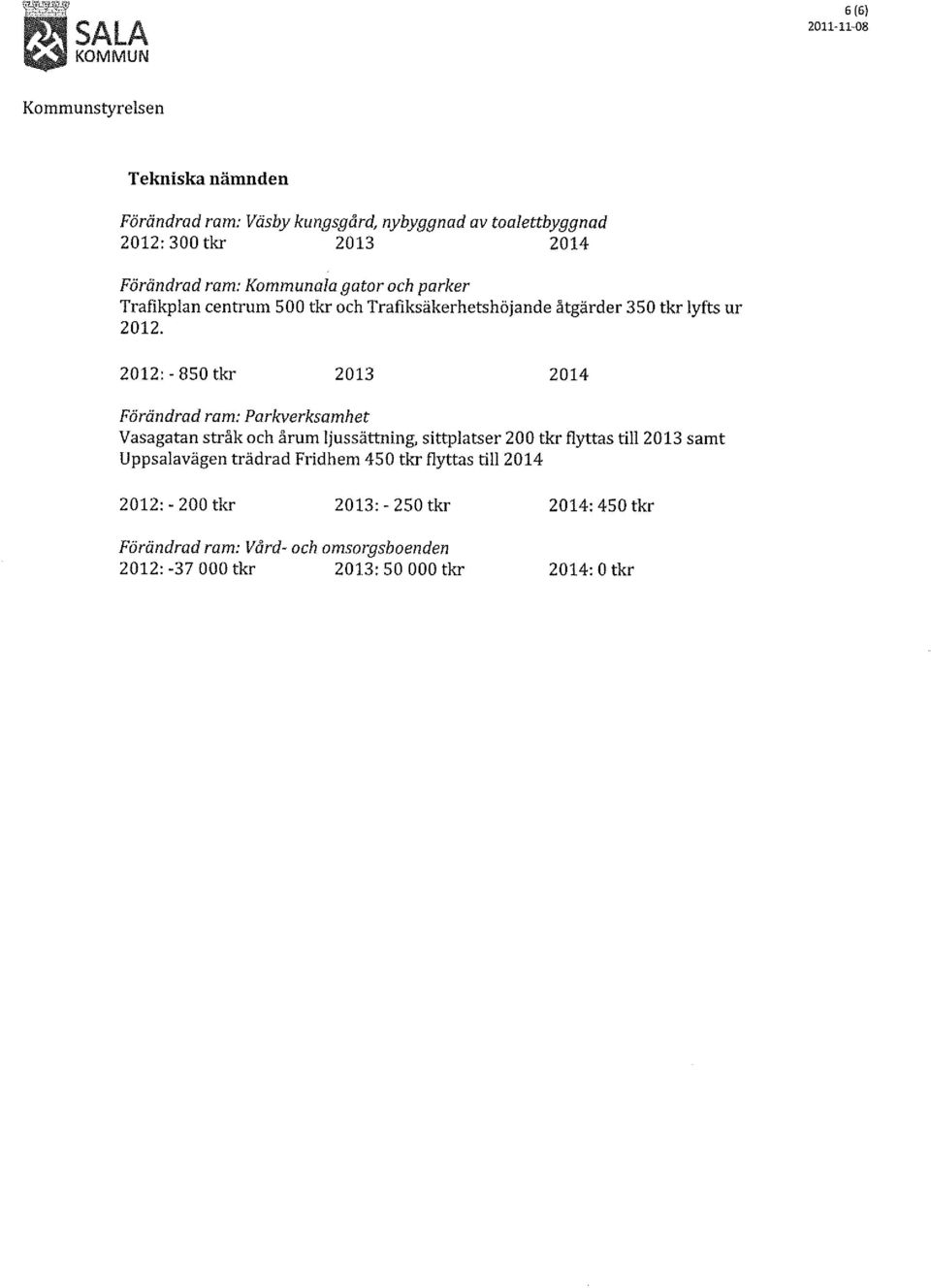 2012: - 850 tkr 2013 2014 Förändrad ram: Parkverksamhet Vasagatan stråk och årum ljussättning, sittplatser 200 tkr flyttas till 2013 samt