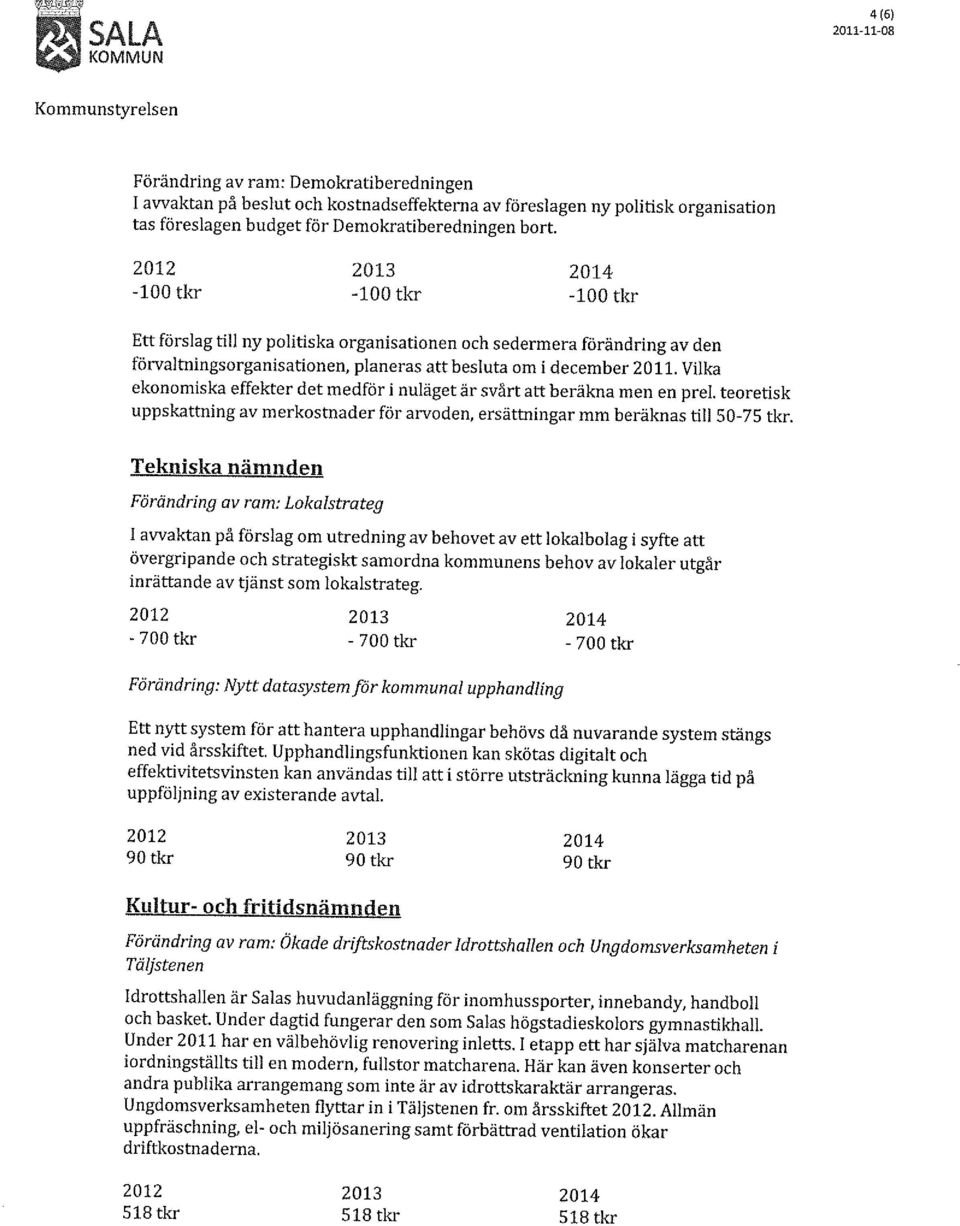 2012-100 tkr 2013-100 tkr 2014-100 tkr Ett förslag till ny politiska organisationen och sedermera förändring av den förvaltningsorganisationen, planeras att besluta om i december 2011.