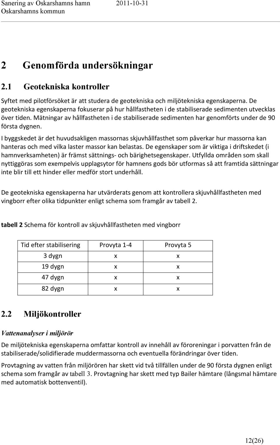 Mätningar av hållfastheten i de stabiliserade sedimenten har genomförts under de 90 första dygnen.