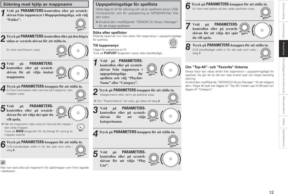 Vrid 4 Tryck på PARAMETERS-knappen för att ställa in. En lista med spåren eller namnen på mapparna i den mappen visas.