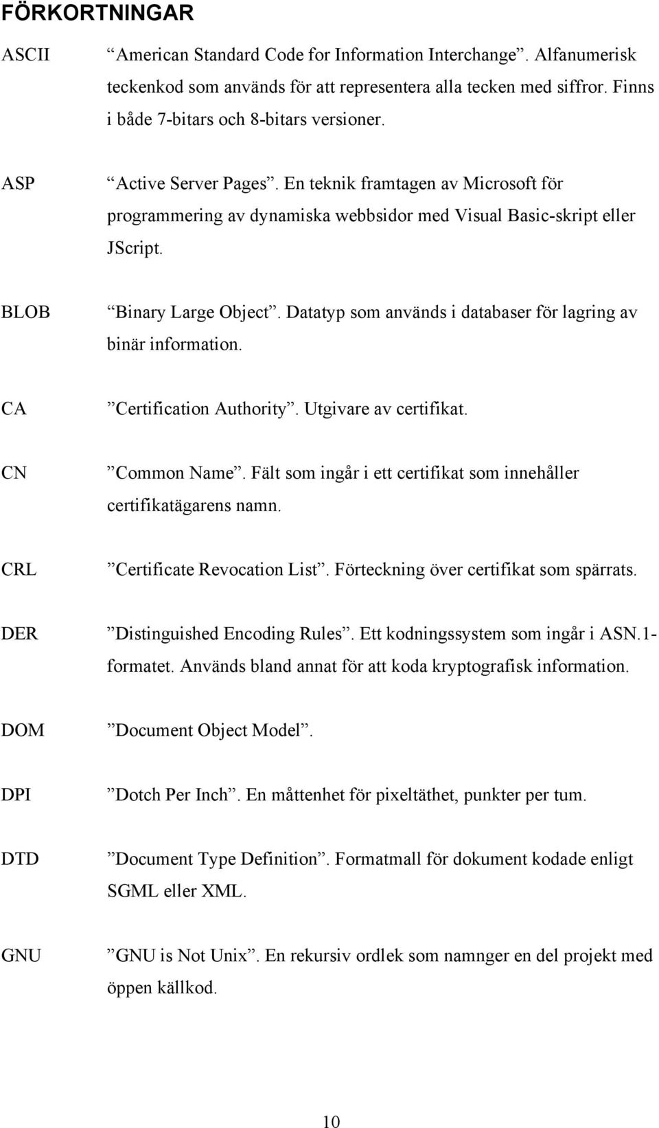 Datatyp som används i databaser för lagring av binär information. CA Certification Authority. Utgivare av certifikat. CN Common Name.