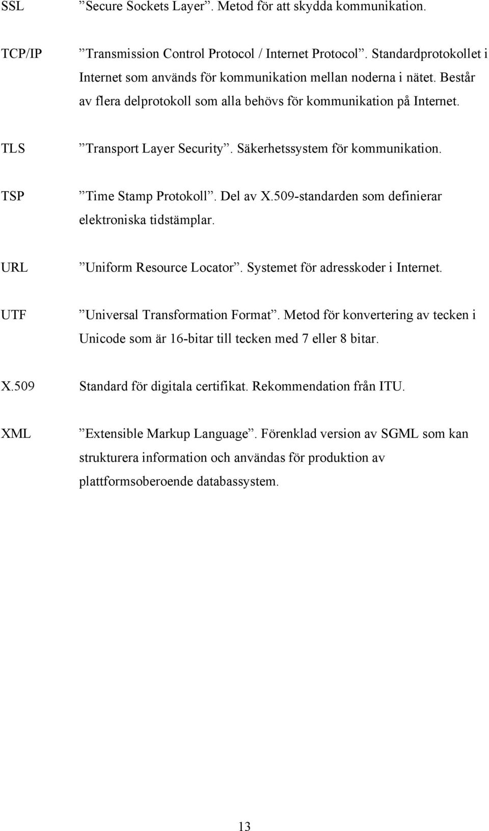 Säkerhetssystem för kommunikation. TSP Time Stamp Protokoll. Del av X.509-standarden som definierar elektroniska tidstämplar. URL Uniform Resource Locator. Systemet för adresskoder i Internet.