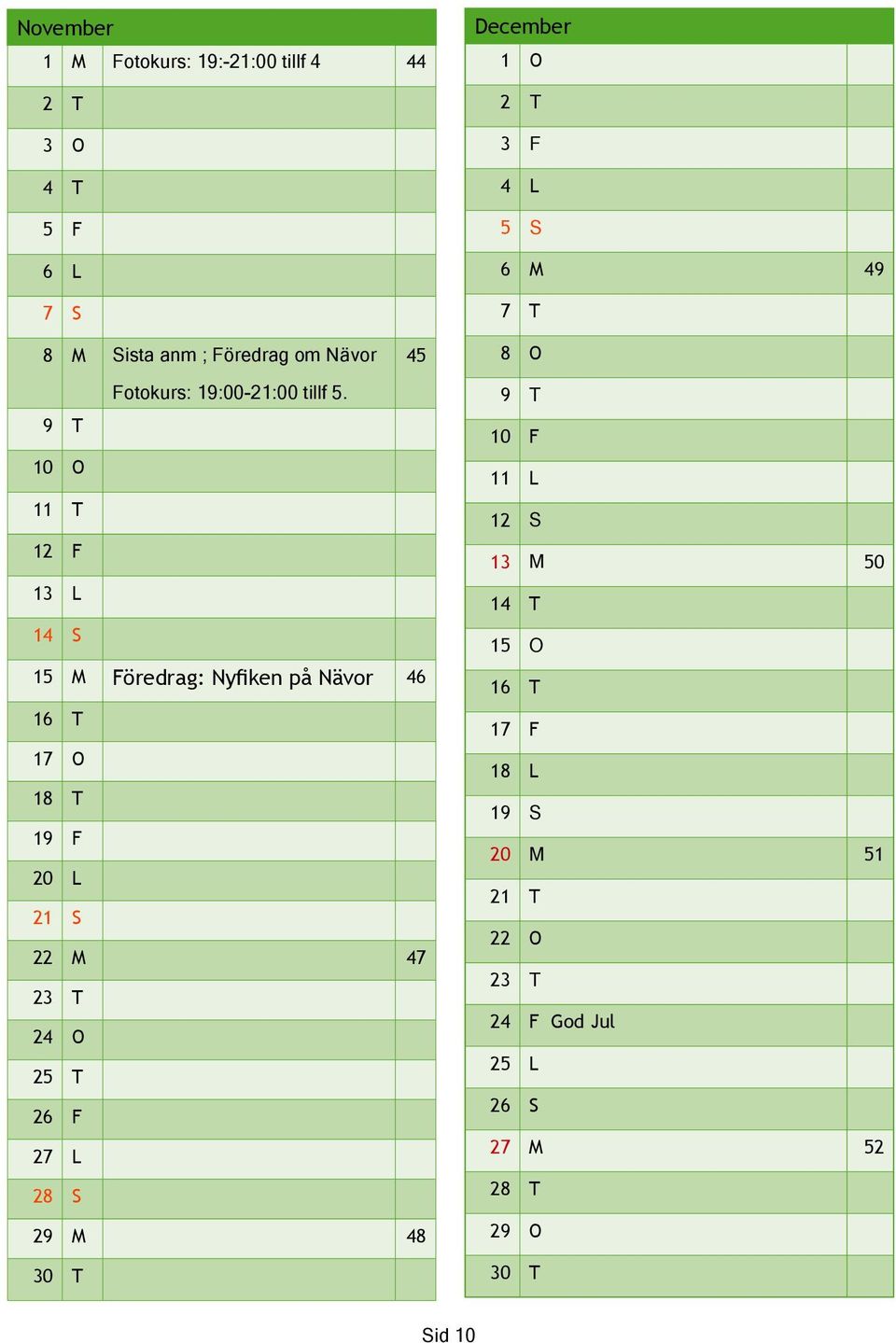 9 T 10 O 11 T 12 F 13 L 14 S 15 M Föredrag: Nyfiken på Nävor 46 16 T 17 O 18 T 19 F 20 L 21 S 22 M 47 23 T 24 O 25