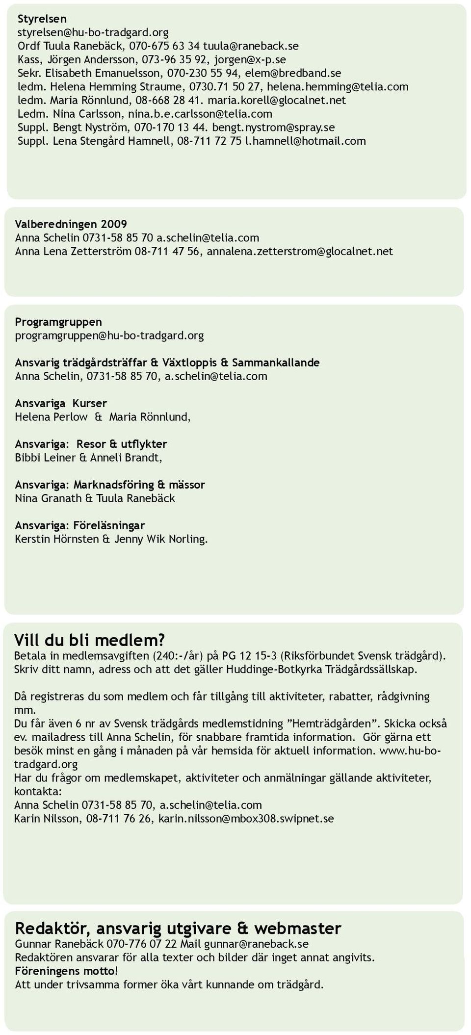 Nina Carlsson, nina.b.e.carlsson@telia.com Suppl. Bengt Nyström, 070-170 13 44. bengt.nystrom@spray.se Suppl. Lena Stengård Hamnell, 08-711 72 75 l.hamnell@hotmail.