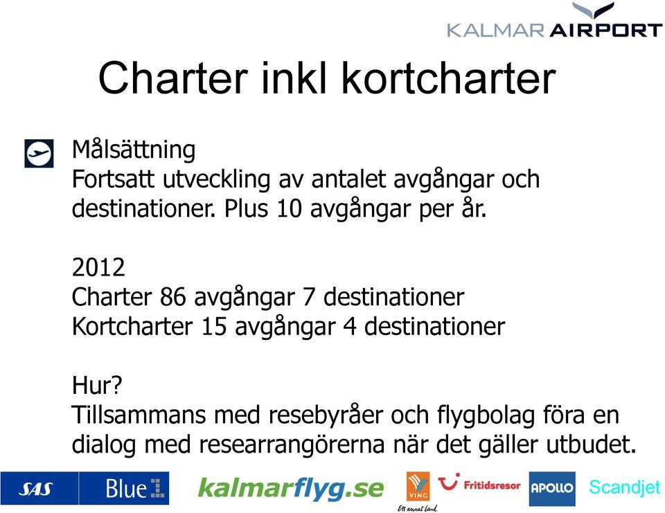 2012 Charter 86 avgångar 7 destinationer Kortcharter 15 avgångar 4