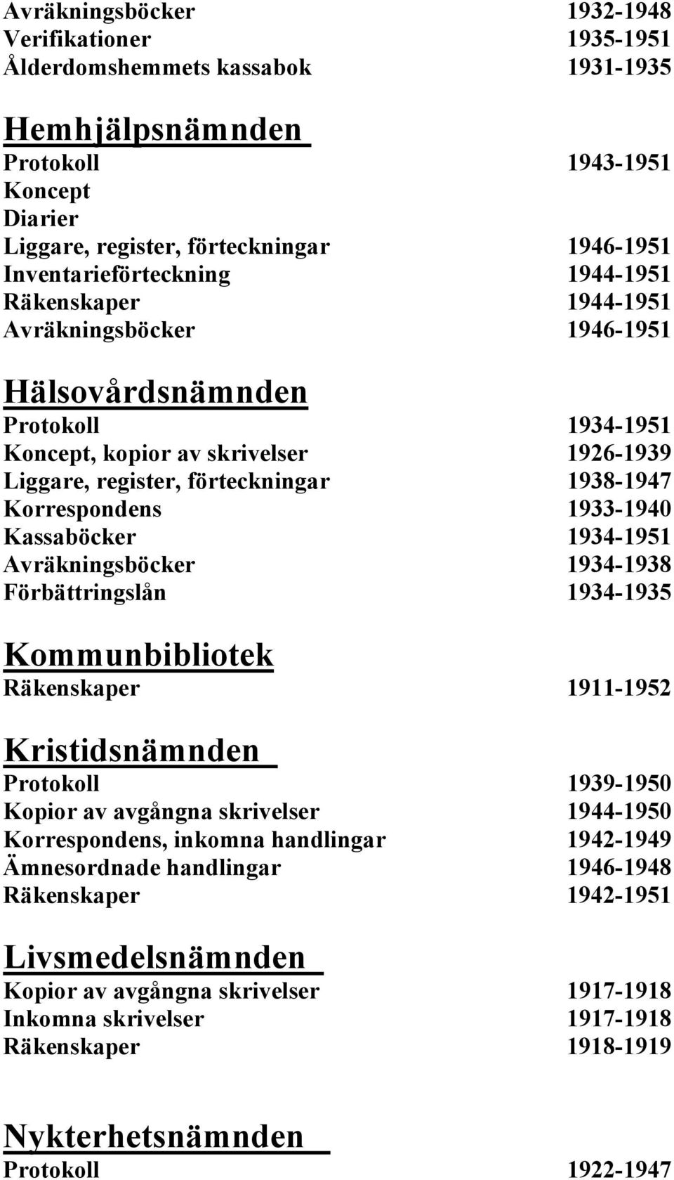 1938-1947 Korrespondens 1933-1940 Kassaböcker 1934-1951 Avräkningsböcker 1934-1938 Förbättringslån 1934-1935 Kommunbibliotek Räkenskaper 1911-1952 Kristidsnämnden Protokoll 1939-1950 Kopior av