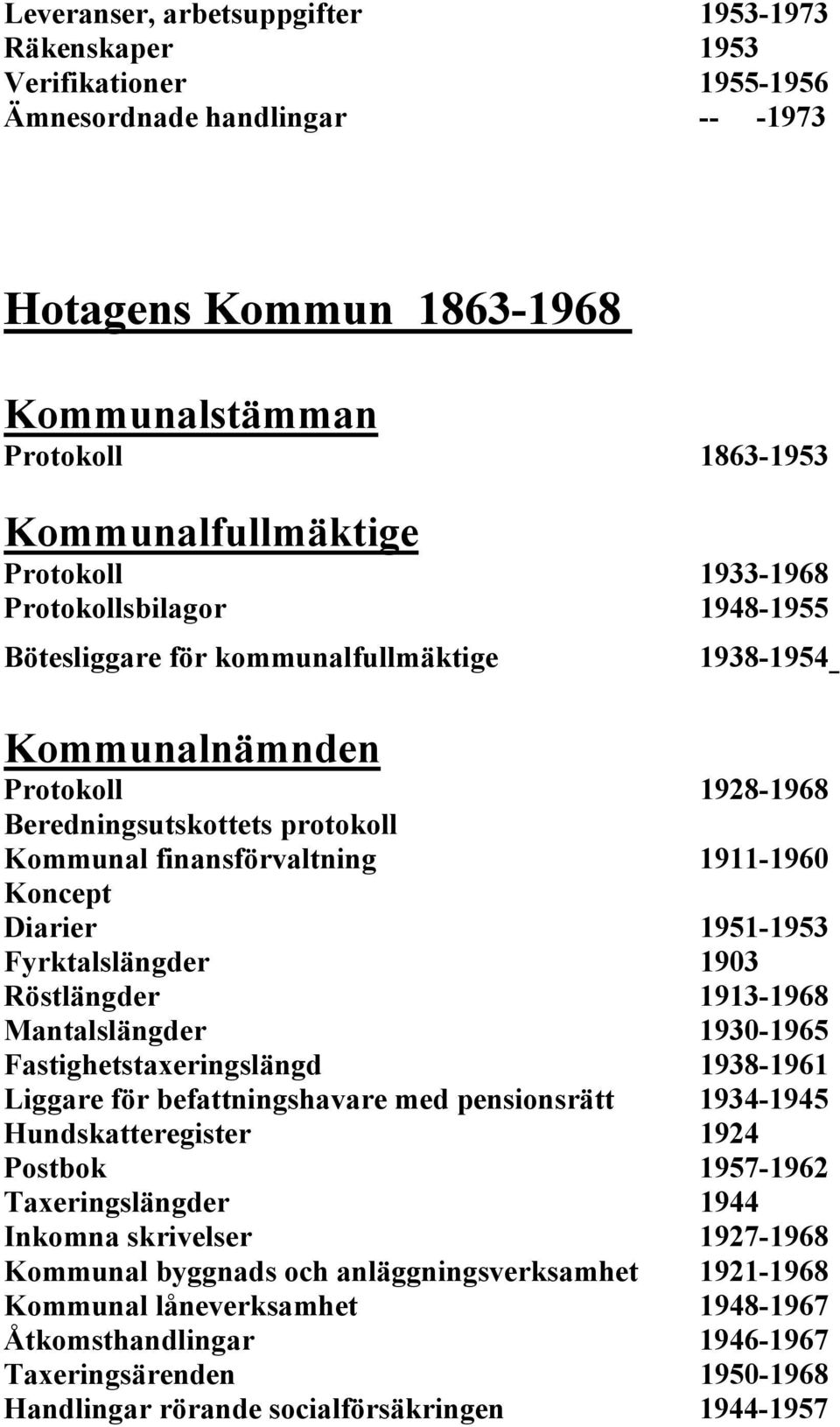 Koncept Diarier 1951-1953 Fyrktalslängder 1903 Röstlängder 1913-1968 Mantalslängder 1930-1965 Fastighetstaxeringslängd 1938-1961 Liggare för befattningshavare med pensionsrätt 1934-1945