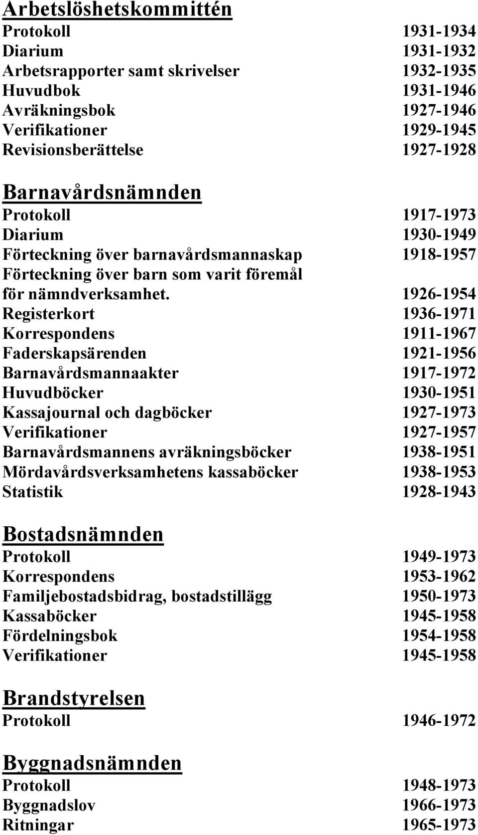 1926-1954 Registerkort 1936-1971 Korrespondens 1911-1967 Faderskapsärenden 1921-1956 Barnavårdsmannaakter 1917-1972 Huvudböcker 1930-1951 Kassajournal och dagböcker 1927-1973 Verifikationer 1927-1957