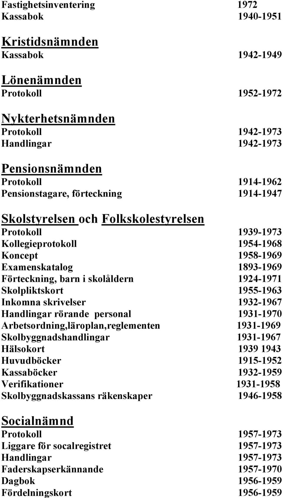 skolåldern 1924-1971 Skolpliktskort 1955-1963 Inkomna skrivelser 1932-1967 Handlingar rörande personal 1931-1970 Arbetsordning,läroplan,reglementen 1931-1969 Skolbyggnadshandlingar 1931-1967