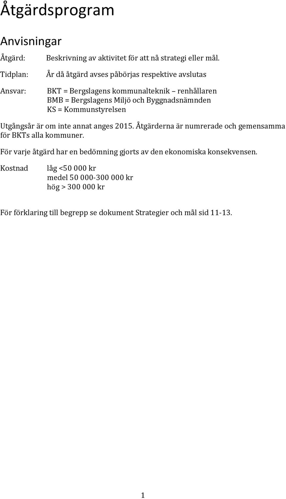 Byggnadsnämnden KS = Kommunstyrelsen Utgångsår är om inte annat anges 2015. Åtgärderna är numrerade och gemensamma för BKTs alla kommuner.