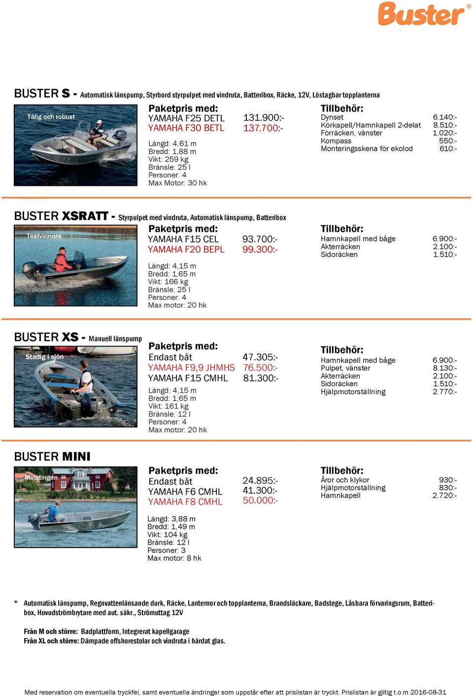 700:- YAMAHA F20 BEPL 99.300:- 5 6 med båge 6.900:- Akterräcken 2.100:- Sidoräcken 1.510:- BUSTER XS - Manuell länspump Stadig i sjön YAMAHA F9,9 JHMHS 76.500:- YAMAHA F15 CMHL 81.300:- 5 med båge 6.