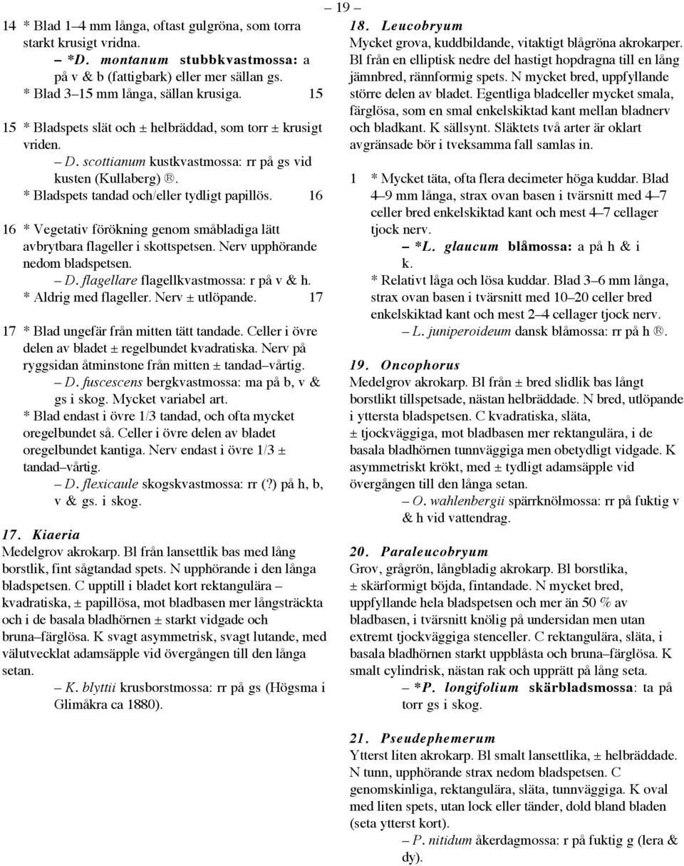 16 16 * Vegetativ förökning genom småbladiga lätt avbrytbara flageller i skottspetsen. Nerv upphörande nedom bladspetsen. D. flagellare flagellkvastmossa: r på v & h. * Aldrig med flageller.