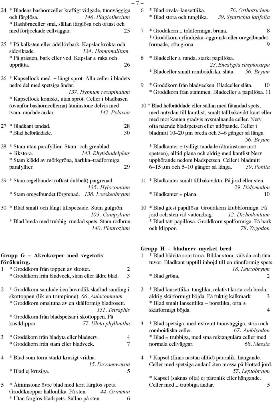 Alla celler i bladets nedre del med spetsiga ändar. 137. Hypnum resupinatum * Kapsellock koniskt, utan spröt. Celler i bladbasen (ovanför bashörncellerna) åtminstone delvis med tvära rundade ändar.