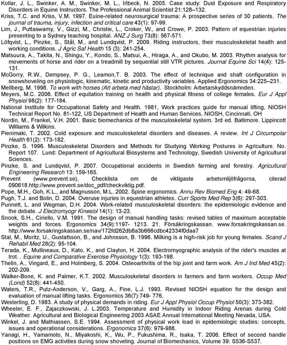 , Christie, L., Croker, W., and Crowe, P. 2003. Pattern of equestrian injuries presenting to a Sydney teaching hospital. ANZ J Surg 73(8): 567-571. Löfqvist, L., Pinzke, S., Stål, M.