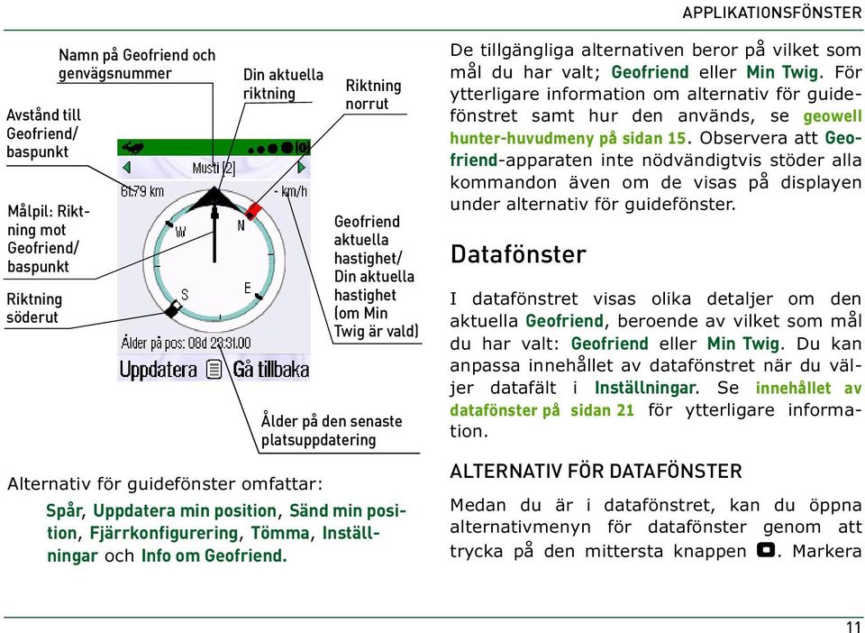 Fjärrkonfigurering, Tömma, Inställningar och Info om Geofriend. De tillgängliga alternativen beror på vilket som mål du har valt; Geofriend eller Min Twig.