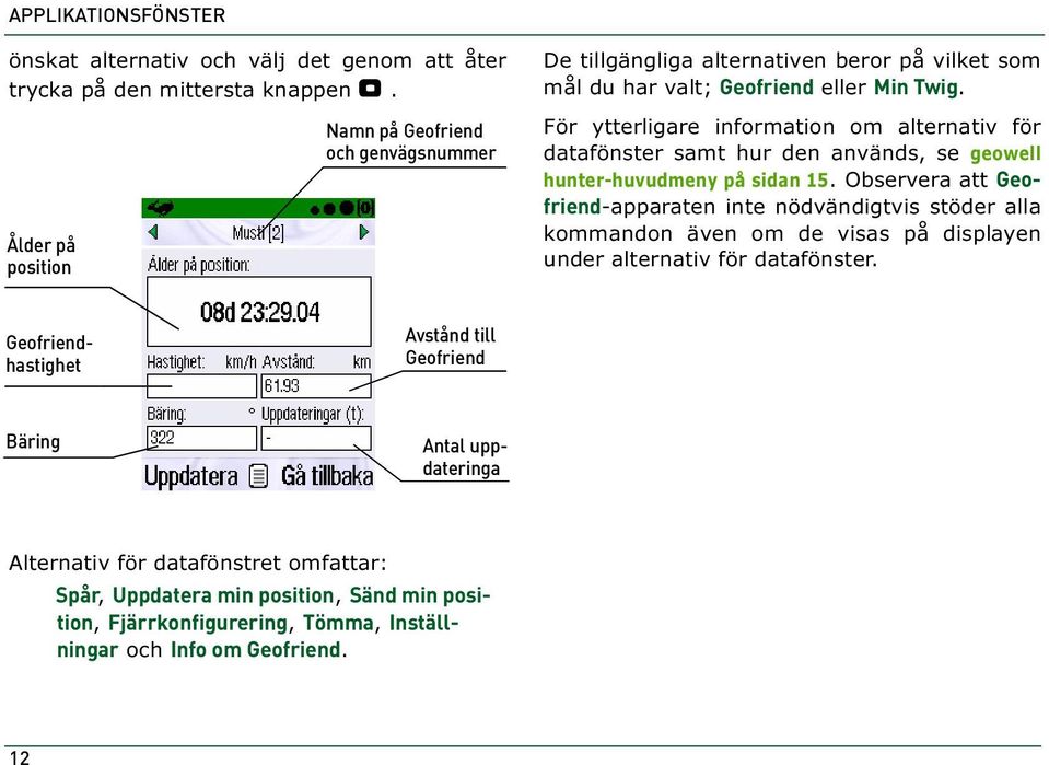 Ålder på position Namn på Geofriend och genvägsnummer För ytterligare information om alternativ för datafönster samt hur den används, se geowell hunter-huvudmeny på sidan 15.