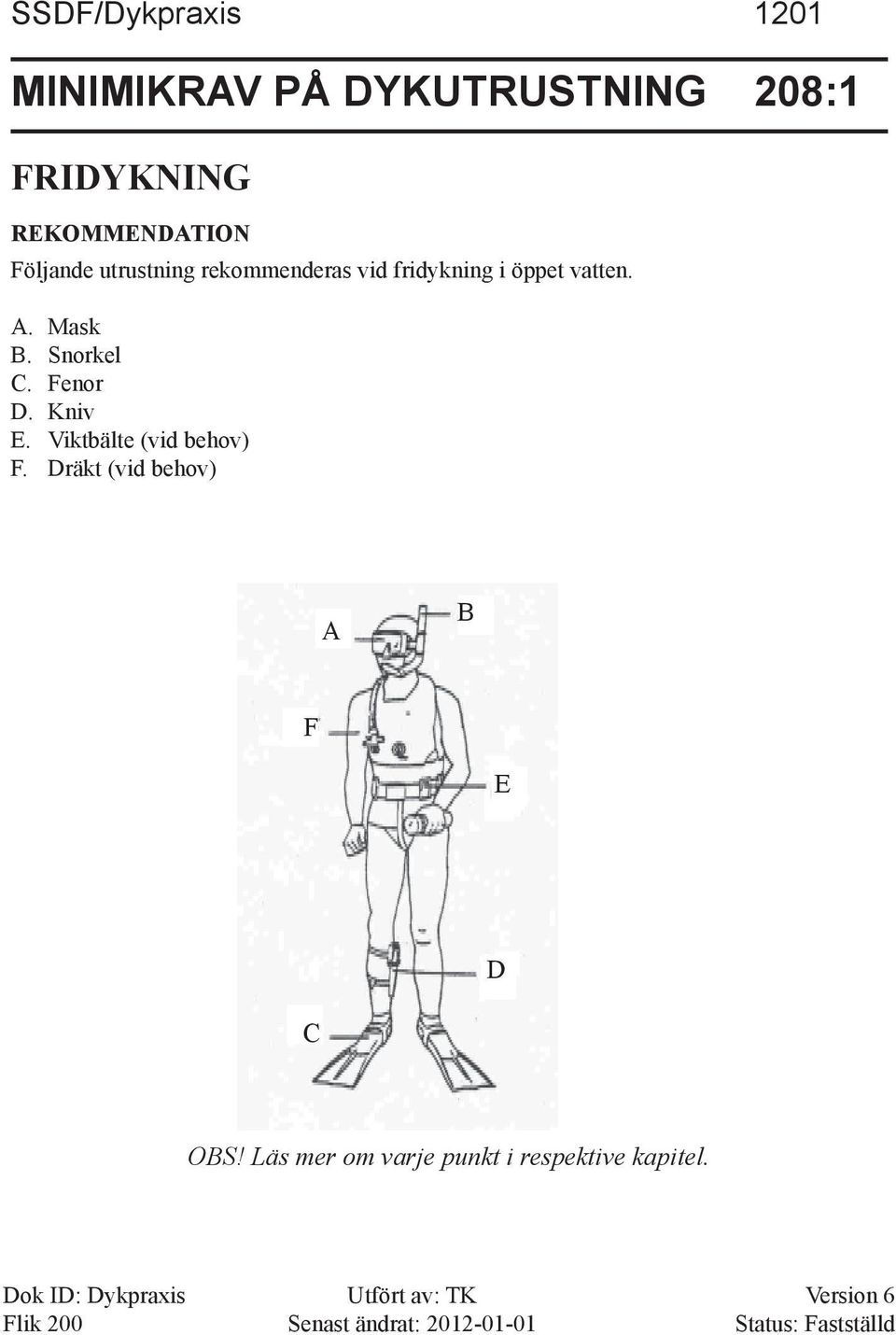 Fenor D. Kniv E. Viktbälte (vid behov) F. Dräkt (vid behov) A B F E D C OBS!