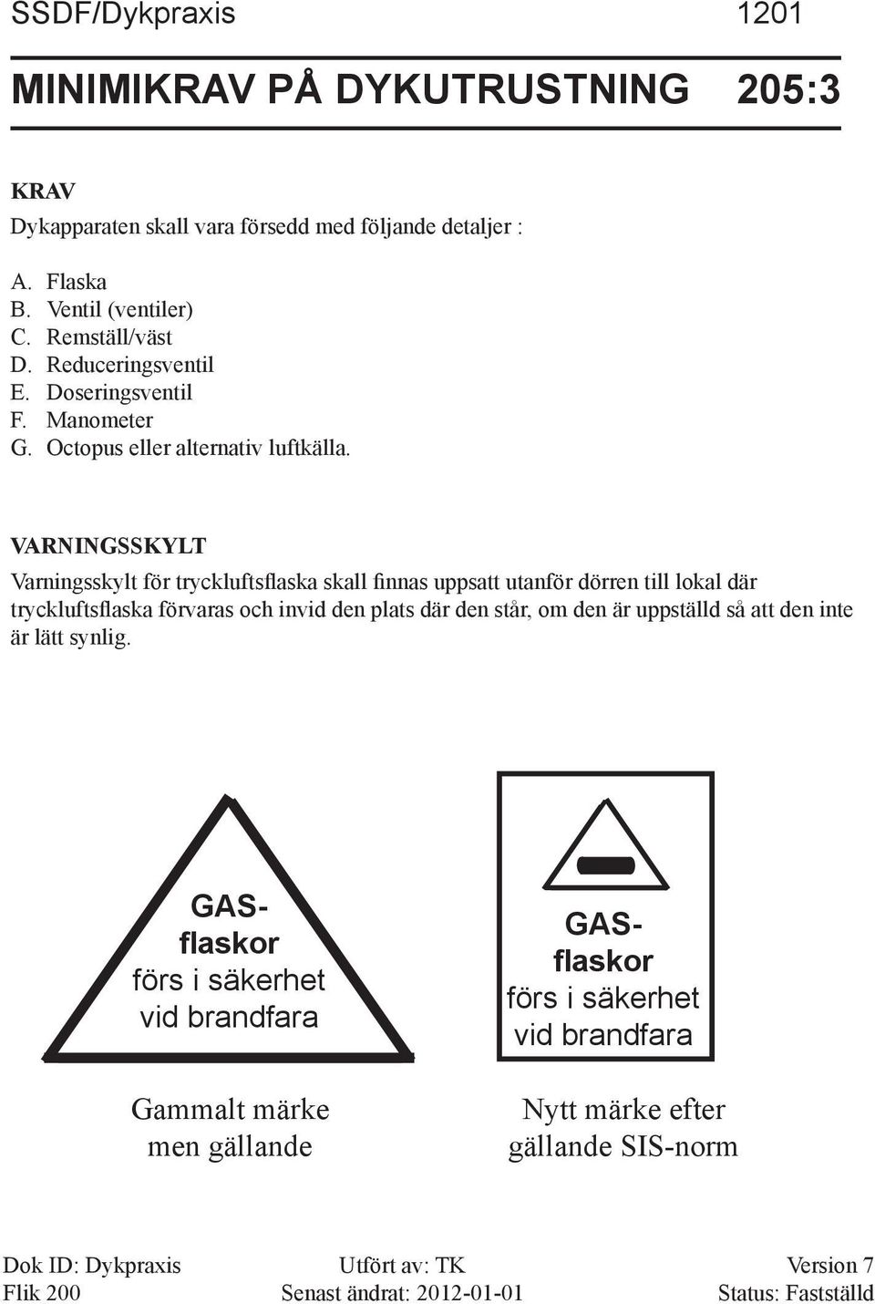 VARNINGSSKYLT Varningsskylt för tryckluftsflaska skall finnas uppsatt utanför dörren till lokal där tryckluftsflaska förvaras och invid den plats där den