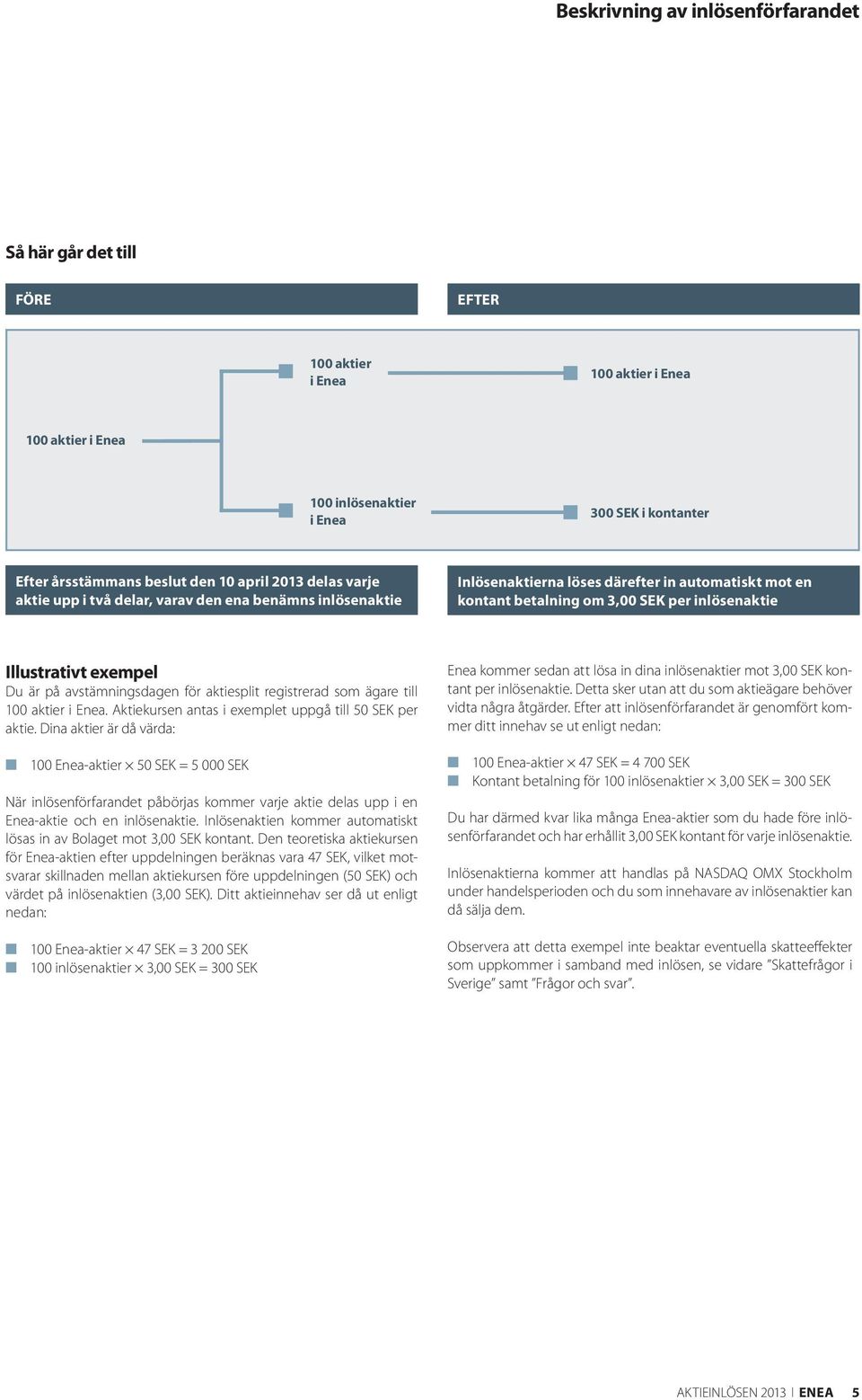 är på avstämningsdagen för aktiesplit registrerad som ägare till 00 aktier i Enea. Aktiekursen antas i exemplet uppgå till 50 SEK per aktie.