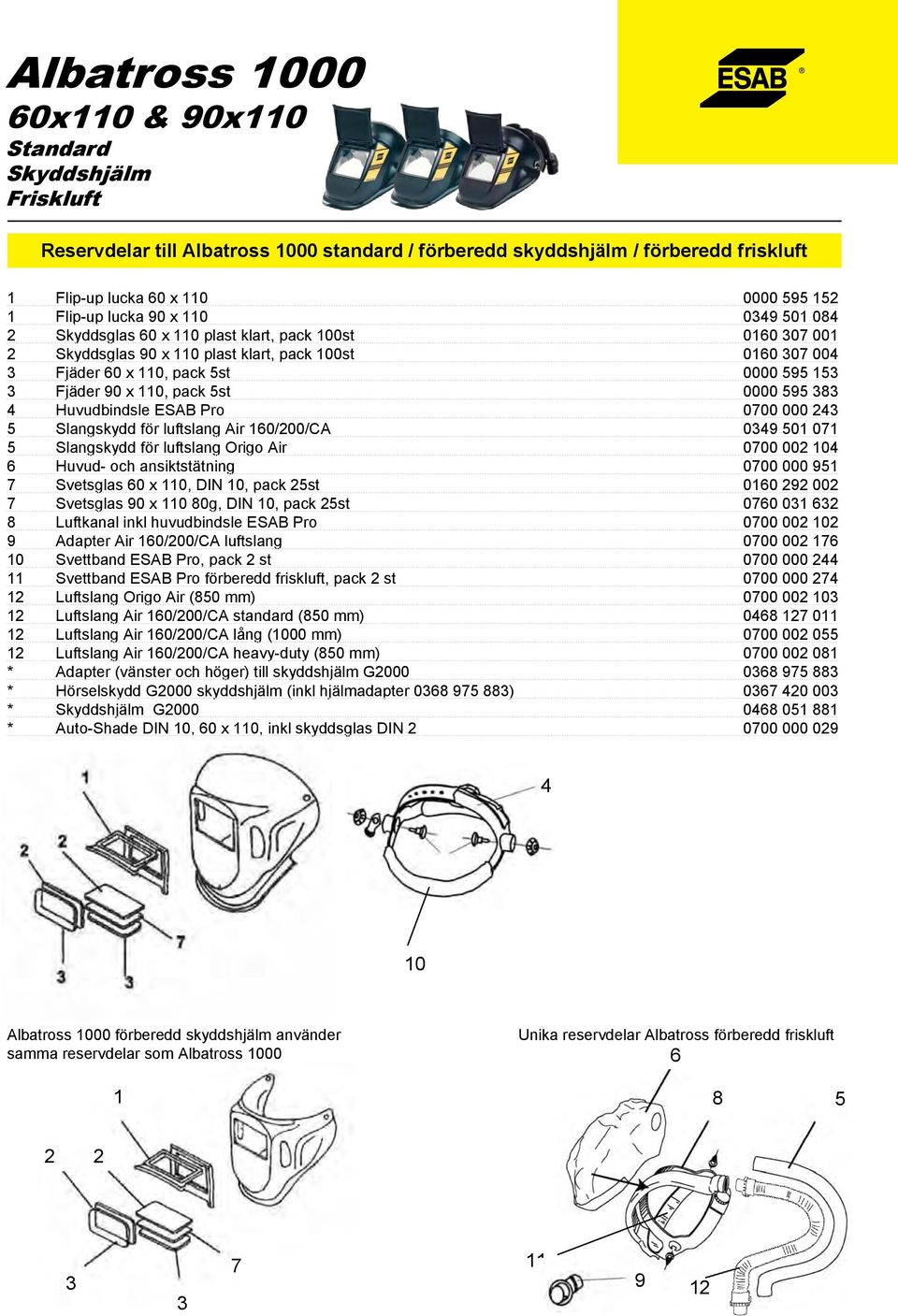 för Air 10/200/CA 049 501 071 5 Slangskydd för Origo Air 0700 002 104 Huvud- och ansiktstätning 0700 000 951 7 Svetsglas 0 x 110, DIN 10, pack 25st 010 292 002 7 Svetsglas 90 x 110 80g, DIN 10, pack