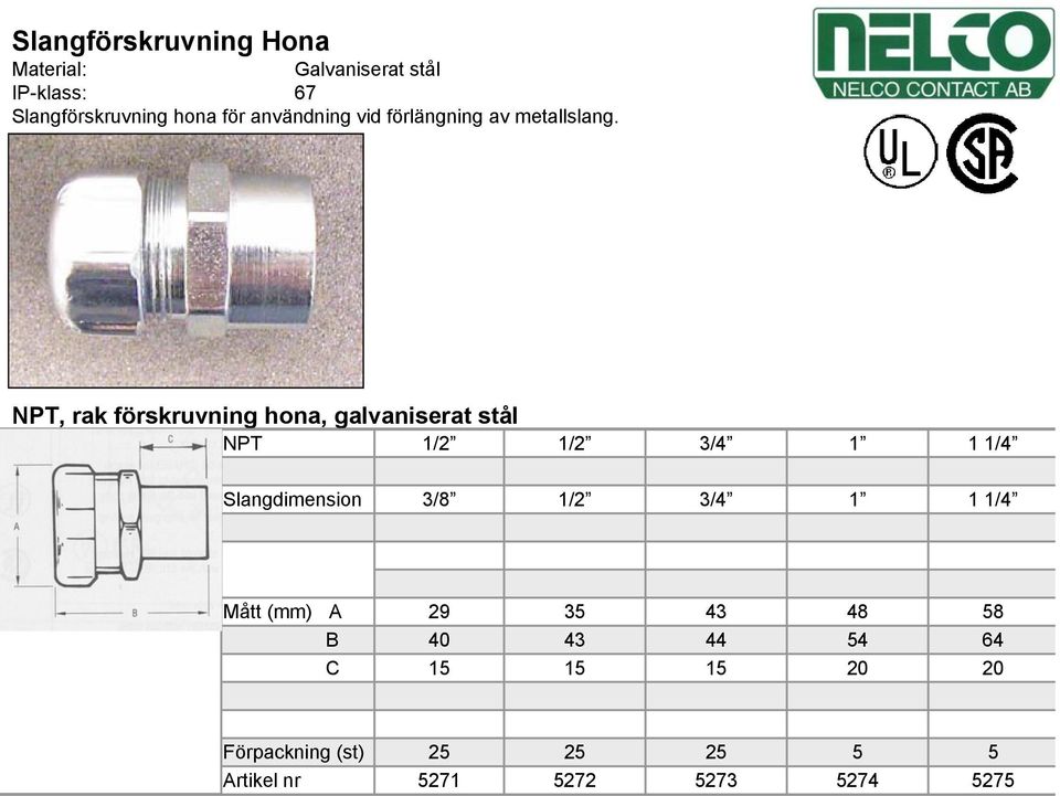 NPT, rak förskruvning hona, galvaniserat stål