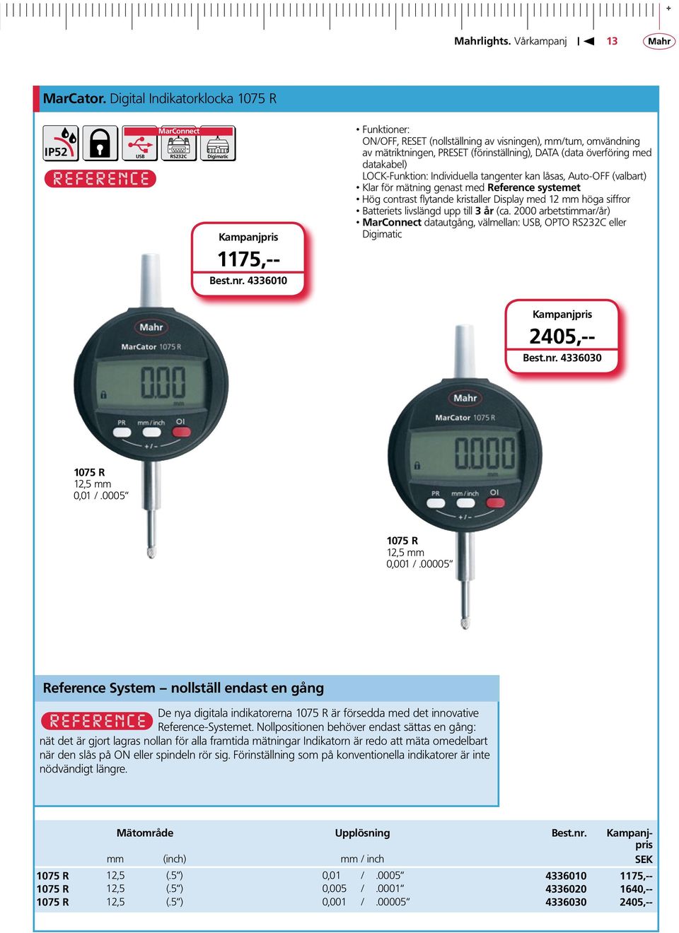 tangenter kan låsas, Auto-OFF (valbart) Klar för mätning genast med Reference systemet Hög contrast flytande kristaller Display med 12 mm höga siffror Batteriets livslängd upp till 3 år (ca.