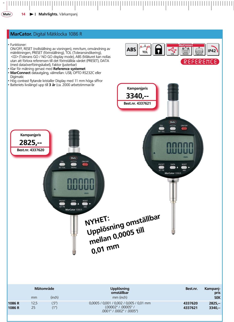 display mode), ABS (Mäturet kan nollas utan att förlora referensen till det förinställda värdet (PRESET), DATA (med dataöverföringskabel), Faktor (justerbar) Klar för mätning genast med Reference