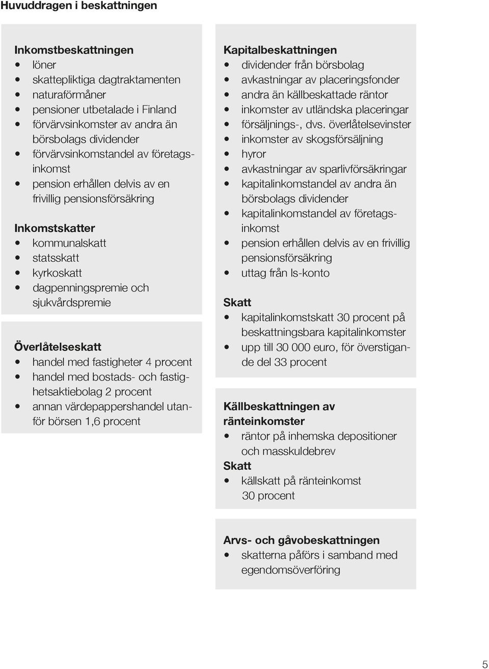 Överlåtelseskatt y handel med fastigheter 4 procent y handel med bostads- och fastighetsaktiebolag 2 procent y annan värdepappershandel utanför börsen 1,6 procent Kapitalbeskattningen y dividender