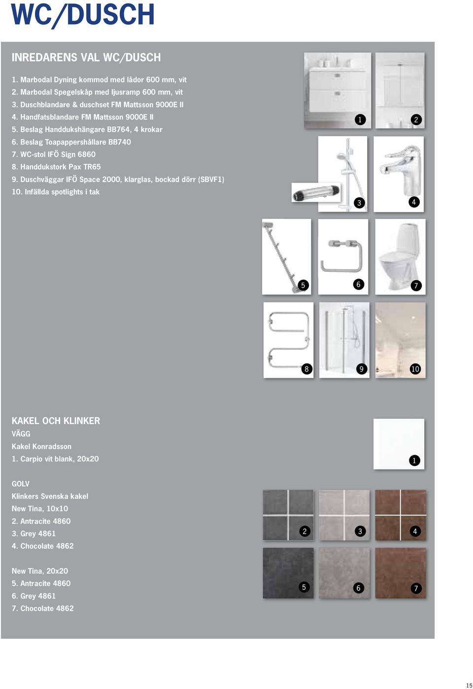 WC-stol IFÖ Sign 6860 8. Handdukstork Pax TR65 9. Duschväggar IFÖ Space 2000, klarglas, bockad dörr (SBVF1) 10.