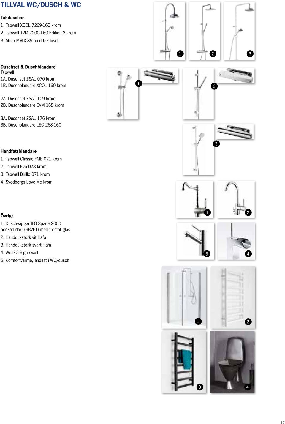 Duschblandare EVM 168 krom 3A. Duschset ZSAL 176 krom 3B. Duschblandare LEC 268-160 Handfatsblandare 1. Tapwell Classic FME 071 krom 2. Tapwell Evo 078 krom 3.