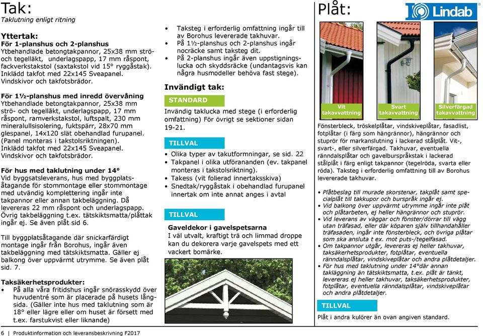 För 1½-planshus med inredd övervåning Ytbehandlade betongtakpannor, 25x38 mm strö- och tegelläkt, underlagspapp, 17 mm råspont, ramverkstakstol, luftspalt, 230 mm mineralullsisolering, fuktspärr,