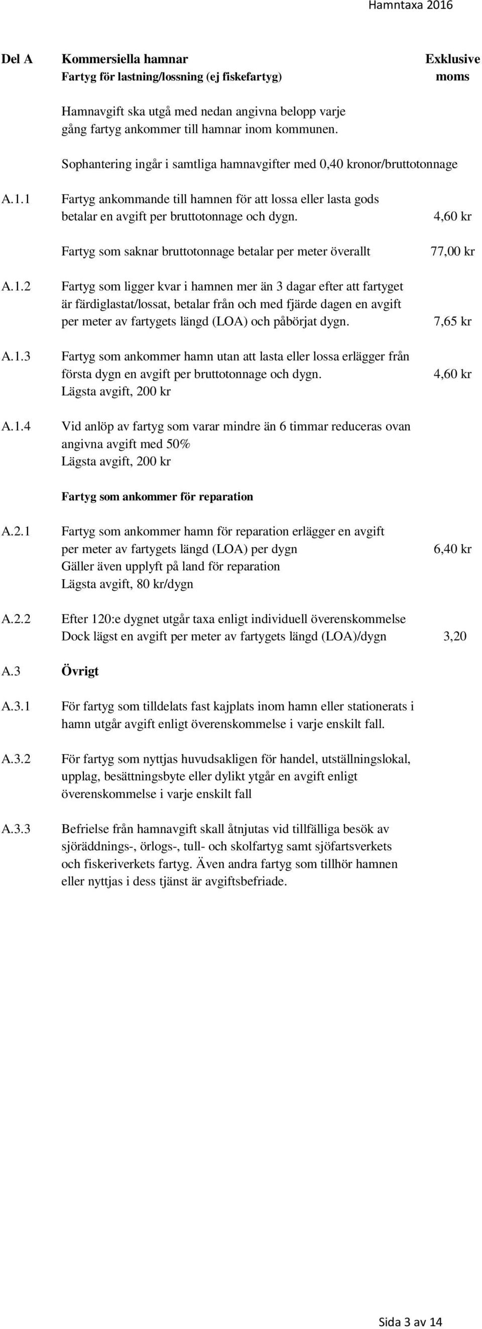 Fartyg som saknar bruttotonnage betalar per meter överallt Fartyg som ligger kvar i hamnen mer än 3 dagar efter att fartyget är färdiglastat/lossat, betalar från och med fjärde dagen en avgift per