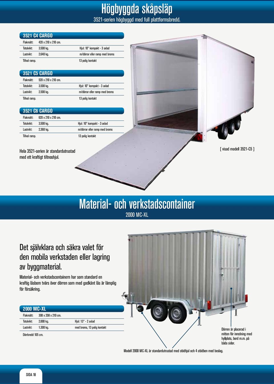 Hjul: 10 kompakt - 3 axlad m/dörrar eller ramp med broms 13 polig kontakt 3521 C6 CARGO 620 x 210 x 210 cm. 3.500 kg. 2.360 kg. Tillval ramp.