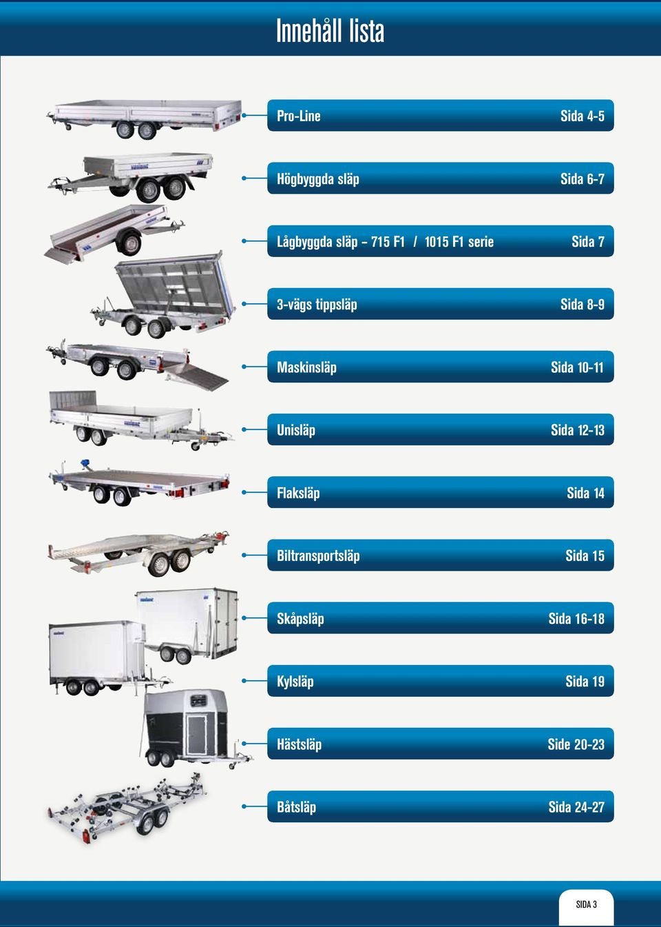 10-11 Unisläp Sida 12-13 Flaksläp Sida 14 Biltransportsläp Sida 15