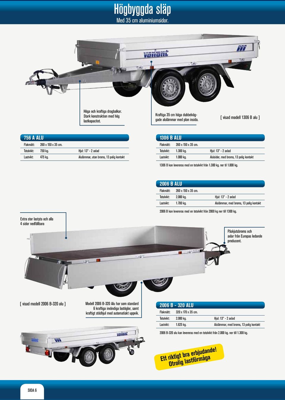 Alulsider, med broms, 13 polig kontakt 1306 B kan levereras med en totalvikt från 1.300 kg. ner til 1.000 kg. 2006 B ALU 260 x 150 x 35 cm. 2.000 kg. 1.700 kg.